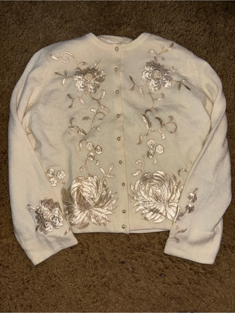 Vtg 50s Helen Bond Carruthers Cashmere Embroidered Floral Cardigan Sweater Sz S